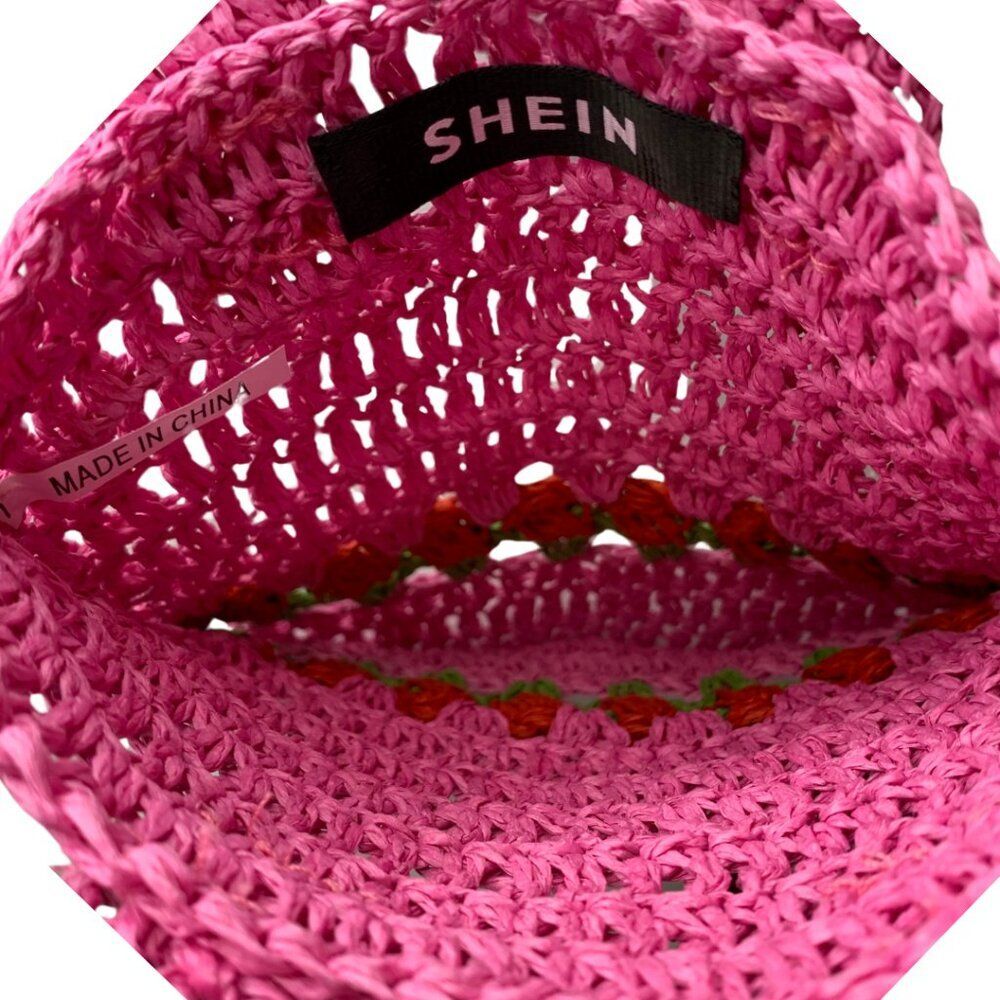 SHEIN Pink Crochet Tote Bag Handmade Look Flower Detail Knit Shopper NWT - Picture 3 of 7